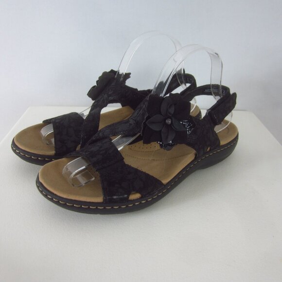 Clarks Shoes - New Clarks Laurieann Bea Women 8.5 M Black Leather Floral Ankle Strap Sandals